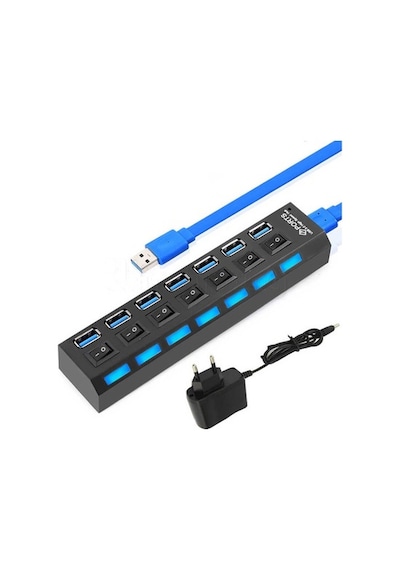 7 Port Usb 3.0 Çoklayıcı Hub Anahtarlı Işıklı Adaptörlü Ic Chipli (518992114)