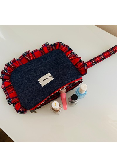 İdiluna Kırmızı Ekose Fırfırlı, Denim Ve Bilek Askılı Makyaj Çantası / Clutch Lacivert Kırmızı İdiluna Kırmızı Ekose Fırfırlı, Denim Ve Bilek Askılı Makyaj Çantası / Clutch Lacivert Kırmızı