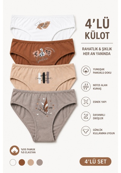 Nicoletta Kız Çocuk Külot 4'lü Paket Pamuklu Likralı Baskılı Çok Renkli