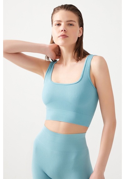 Los Ojos Kadın Mavi Askılı Fitilli Kare Yaka Crop Top Büstiyer Square Mavi