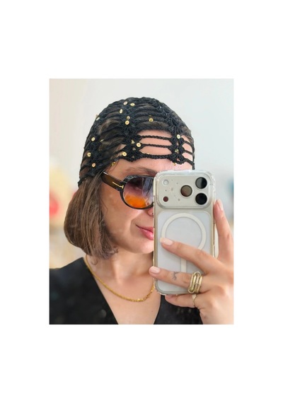 Kroşe Örgü Pullu Siyah Saç Aksesuar Ve Bandana , Saç Filesi El Yapımı - Model 1100