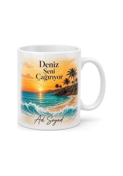 Antalya Deniz Güneş Temalı Kişiye Özel Kupa Bardak Hediye Beyaz / Çok Renkli