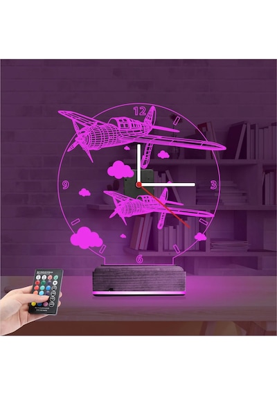 Luvivia Pırpır Uçak Pilot Tasarım Saatli 3d Lamba - Masa Gece Lambası Şeffaf