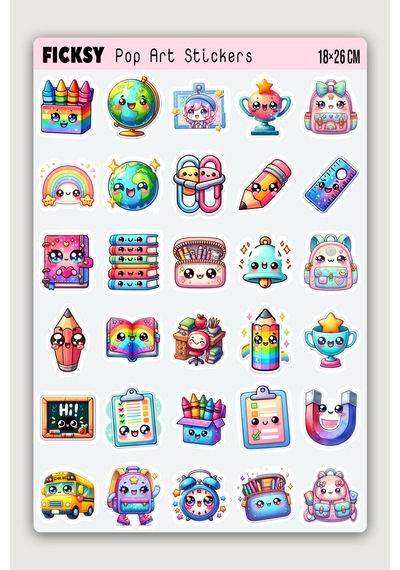 Kawaii Okul Temalı Sticker Seti - 60 Adet Etiket Çıkartma Çok Renkli