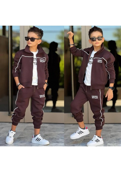 Erkek Çocuk 3 Parça Şardonlu 3 İplik Eşofman Takımı Fermuarlı Ceket, Tişört Ve Jogger Pantolon 43182-k Kahverengi Erkek Çocuk 3 Parça Şardonlu 3 İplik Eşofman Takımı Fermuarlı Ceket, Tişört Ve Jogger Pantolon 43182-k Kahverengi