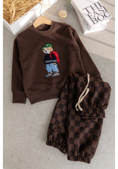 Babymod Erkek Çocuk Ayıcık İşlemeli 3 İplik Pamuklu Kumaş Sweatshirt Ve Damalı Eşofman Altüst Takım Kahverengi Babymod Erkek Çocuk Ayıcık İşlemeli 3 İplik Pamuklu Kumaş Sweatshirt Ve Damalı Eşofman Altüst Takım Kahverengi