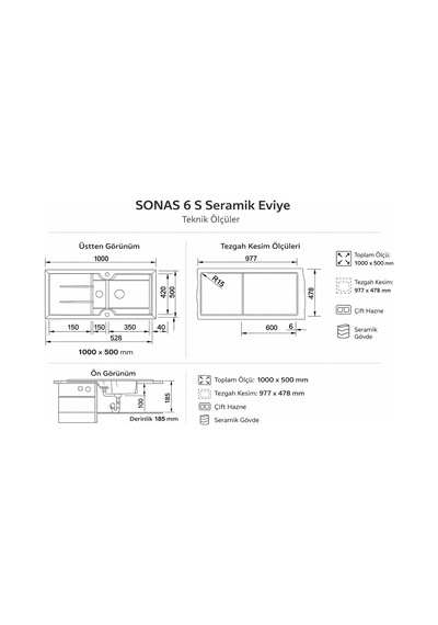 Nuevo Sonas 6 S Seramik Eviye 60 Cm 1,5 Gözlü Parlak Beyaz Çift Yönlü 304162 krom