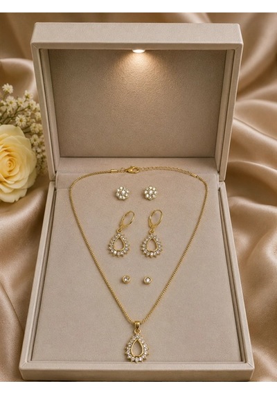 Damla Detaylı Taşlı Gold Renk 4'lü Zincir Kolye Küpe Seti