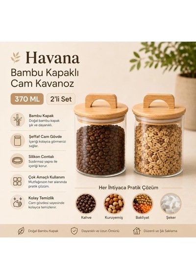Havana Bambu Kapaklı Cam Kavanoz 370 Ml 2'li Set, Şeffaf Cam Saklama Kavanozu, Kulplu Bambu Kapaklı Mutfak Düzenleyici, Kahve Çay Baharat Bakliyat Atıştırmalık Kavanozu Çok Renkli Havana Bambu Kapaklı Cam Kavanoz 370 Ml 2'li Set, Şeffaf Cam Saklama Kavanozu, Kulplu Bambu Kapaklı Mutfak Düzenleyici, Kahve Çay Baharat Bakliyat Atıştırmalık Kavanozu Çok Renkli