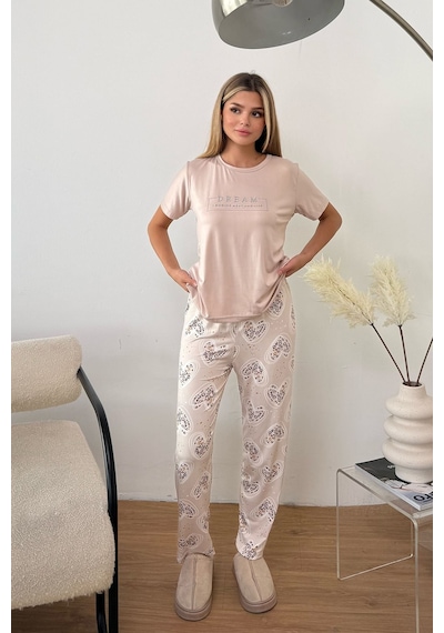 Giysa Kadın Bisiklet Yaka Desenli Kısa Kollu Pijama Takımı Bej - 26y 2601