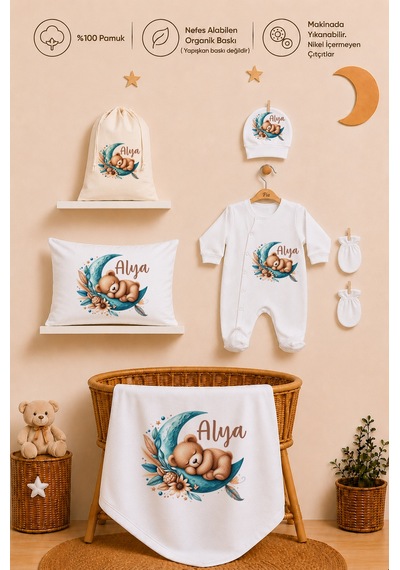 Pia Baby Kız Bebek Hastane Çıkışı 12 Parça %100 Pamuk İsme Özel Organik Baskılı Kese Hediyeli 101211k3x Ekru