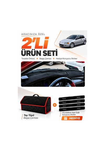 Honda Civic Eg-ex-el 1994-2000 Uyumlu Torpido Örtüsü + Tay Tüyü Bagaj Çantası Seti - Siyah Kırmızı