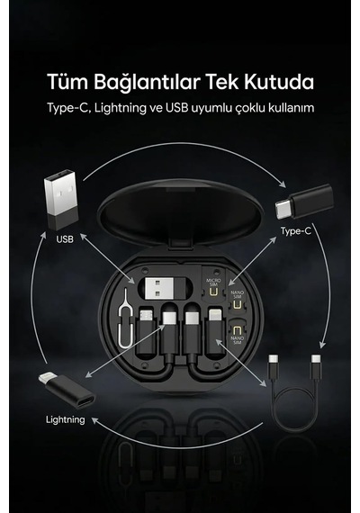 6'sı 1 Arada 60w Hızlı Şarj Kablo Seti Telefon Standlı Taşınabilir Çoklu Bağlantı Kiti Type-c & Lightnin