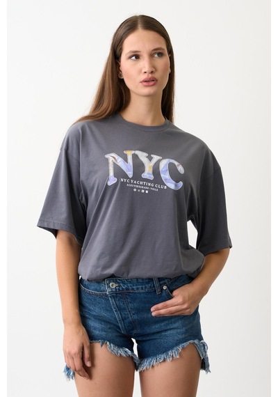 Geniş Kalıp Bisiklet Yaka Baskılı Kısa Kollu T-shirt Antrasit