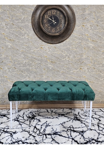 Zafir Beyaz Boyalı Tel Ayaklı 90 Cm Puf Bench - Puf - Bench - Kasalı Oturak - Oturak - Yatak Ucu Puf Yeşil