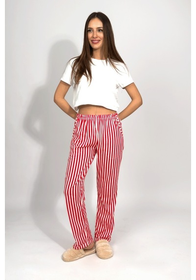 Kadın Cepli Pamuklu Lastikli Bel Kurdeleli Desenli Pijama Altı Kırmızı