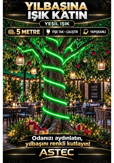 Astec Tak Çalıştır 5 Metre Yapışkanlı Yeşil Şerit Led Yılbaşı Ağacı Süsü Ve Dekoratif Ev Aydınlatması Fişe 220v