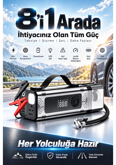 Castu Cs89 Plus Max 18.000 Mah 8 İn 1 Araç Akü Takviye Cihazı Dijital Kompresör Araç Süpürgesi Power