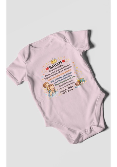 Morivokids Babam Doğum Günün Kutlu Olsun Kısa Kollu Bebek Body %100 Pamuk Bebe Pembe