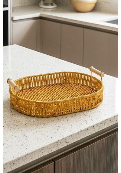 Valera Rattan Dekoratif Sepet Sunum Servis Tepsisi Ahşap Saplı Oval Sepet 28 Cm Diğer