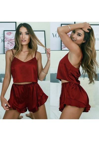 Merry See Saten Şortlu Pijama Takım Bordo