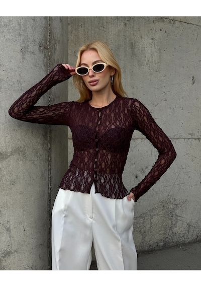 Mamayaga Kadın Bisiklet Yaka Önden Düğmeli Full Esnek Dantel Bürümcük Spor Şık Tasarım Gece Bluzu Kahverengi Mamayaga Kadın Bisiklet Yaka Önden Düğmeli Full Esnek Dantel Bürümcük Spor Şık Tasarım Gece Bluzu Kahverengi
