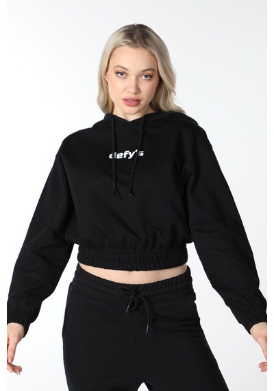Defys Kadın Baskılı Kapüşonlu Crop Sweat Siyah - 497134715 Siyah