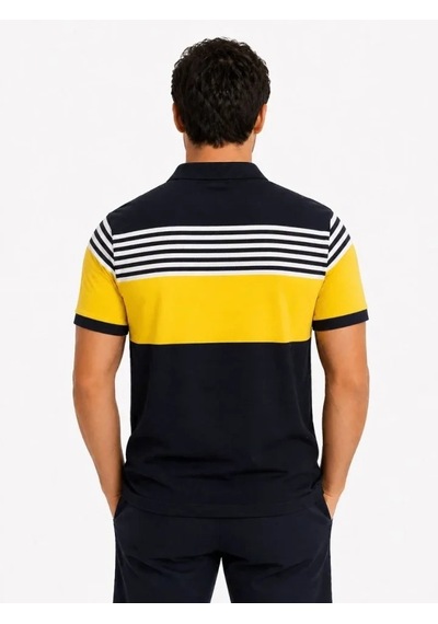 Defymoda Erkek Pike Kumaş Çizgili Polo Yaka Tişört Kısa Kol Yazlık T-shirt - Lacivert