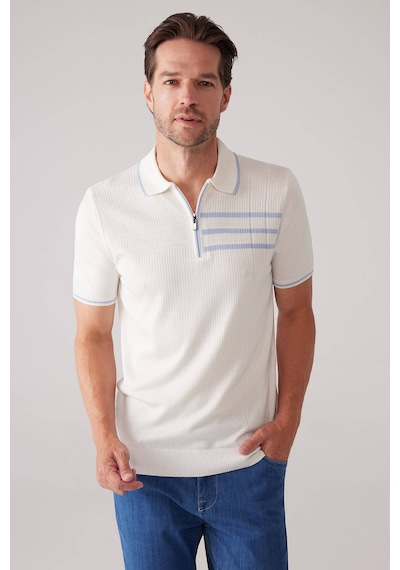 Erkek Kemik Slim Fit Hafif Çizgili Fermuarlı Polo Yaka Tişört