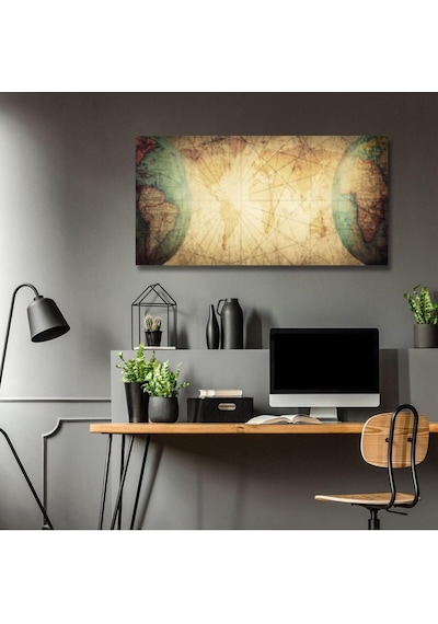 Panoramik Kanvas Tablo Çizgisel Dünya Haritası, 120 X 60 -