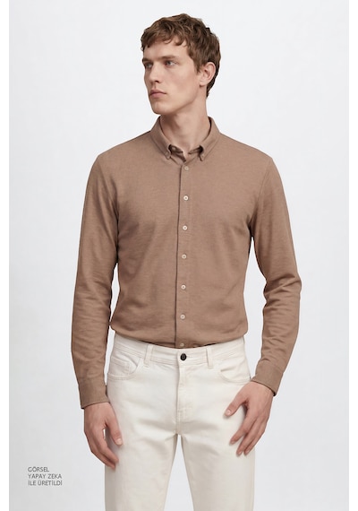 AC&Co / Altınyıldız Classics Erkek Vızon Pamuklu Tailored Slim Fit Dar Kesim Düğmeli Yaka Örme Gömlek Vizon