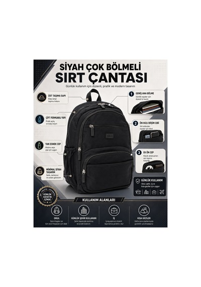 Kaff Young 17303 Siyah Laptop Bölmeli Unisex Sırt Çantası