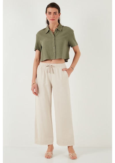 Lela Pamuklu Relaxed Fit Yüksek Bel Geniş Paça Bayan Pantolon 668Yp5275 Taş