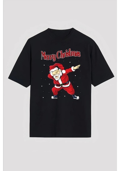 Merry Christmas Baskılı Noel Babalı T-shirt - Siyah Siyah