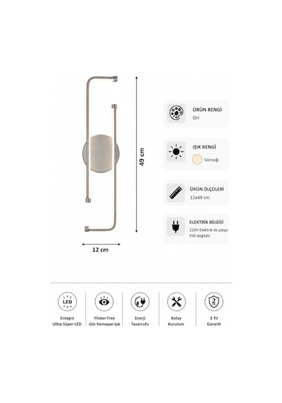AvizeGO Noka Modern Led Duvar Apliği Günışığı Gri