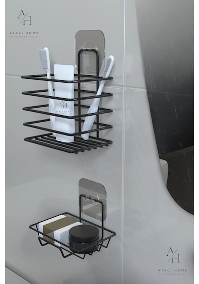 Atacı Paslanmaz Yapışkanlı Siyah Metal Banyo Rafı Düzenleyici 4'lü Set Kancalı Duş Rafı Sabunluk Rafı Siyah