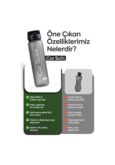 Cor Solis Tritan Sızdırmaz BPA’sız 1 Litre Suluk – Siyah-Antrasit Gri