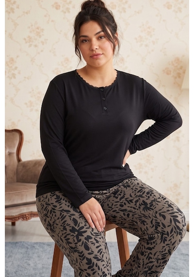 Siyah İnci Siyah Desenli Düğmeli Büyük Beden Battal Boy Viskon Örme Pijama Takım 26224869