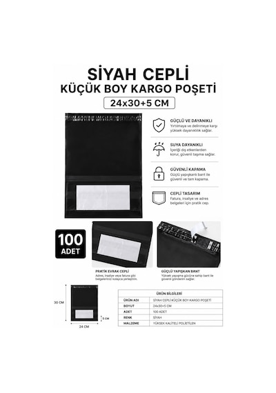 Northcity Siyah Cepli Küçük Boy Kargo Poşeti 24x30+5 Cm 100 Adet