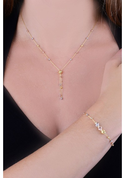 Papatya Silver 925 Ayar Gümüş Üç Renk Dorika Toplu Kolye Bileklik Set