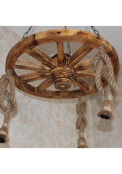 Otantik Çarşı Ahşap Halatlı Teker Avize 60 Cm. 3'lü Eskitme Siyah