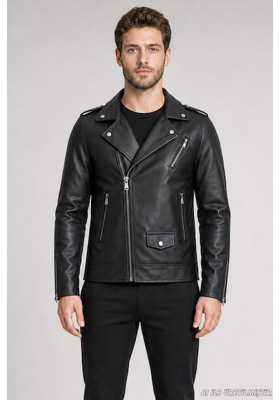 Freemen Erkek Fermuarlı Cep Detaylı Slim Fit Suni Deri Ceket 1010-416 Siyah
