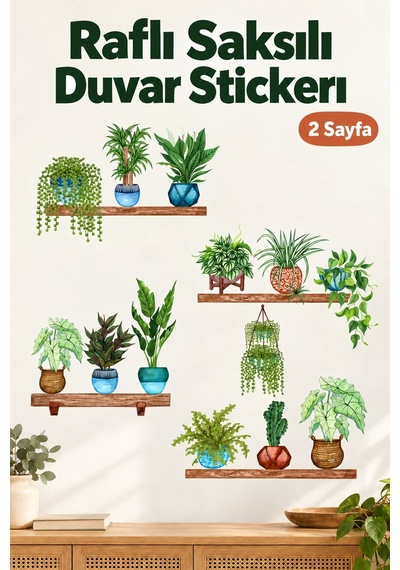 Saksı Ve Çiçek Desenli Yapışkanlı Duvar Sticker Yeşil