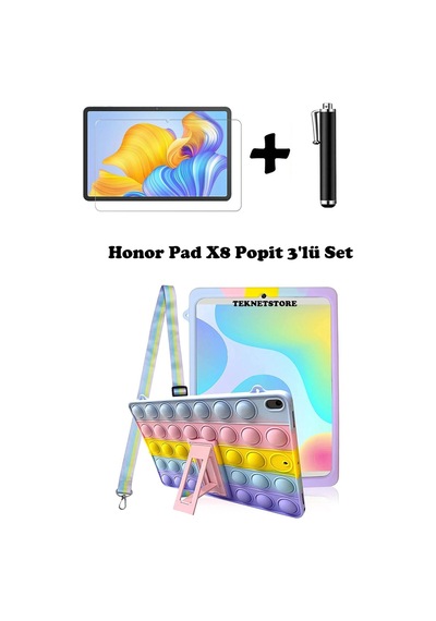 Honor Pad X8 10.1 Inç Uyumlu Kılıf Popit Standlı Kılıf Askılı Silikon Eğlenceli 3'lü Set Kılıf