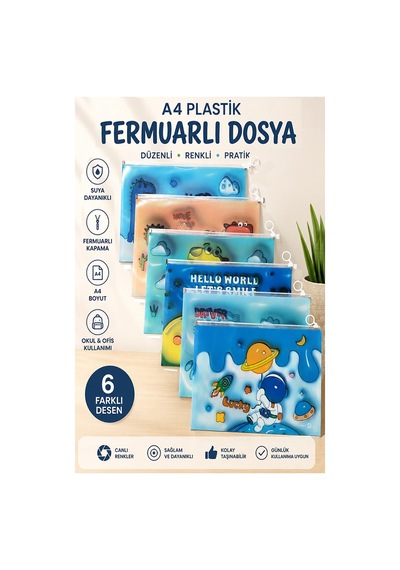 Fermuarlı Dosya Renkli A4 1 Paket Fixpoint 2380 Plastik Desenli Fermuarlı Zarf Dosya Ödev Evrak Belge Saklama Mavi