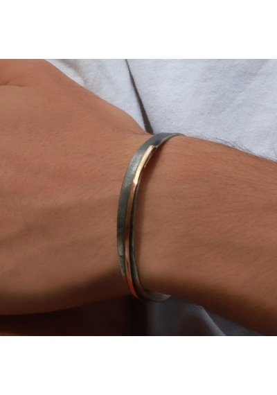 Otantik El İşi Sade Rose Gold Çizgili Kelepçe Gümüş