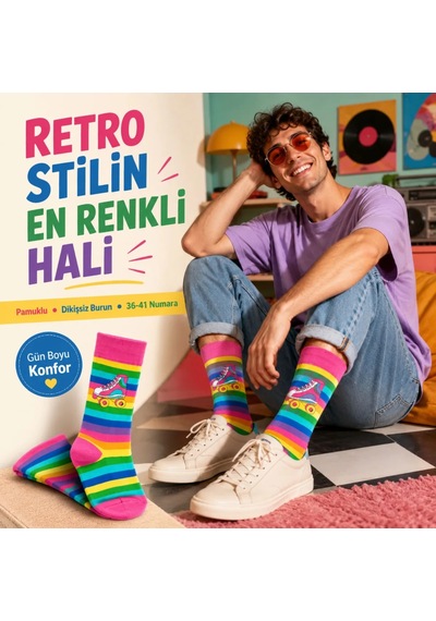 Çorap Giyim Gökkuşağı Çizgili Retro Paten Desenli Soket Çorap Pamuklu Dikişsiz Burun 36-40 Numara Uzun Konç Çok Renkli Çorap Giyim Gökkuşağı Çizgili Retro Paten Desenli Soket Çorap Pamuklu Dikişsiz Burun 36-40 Numara Uzun Konç Çok Renkli