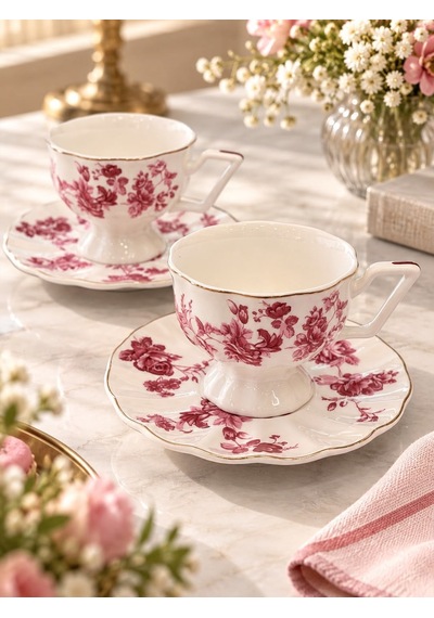 2 Kişilik Vintage Pink Kahve Fincanı Seti-7616 Çok Renkli