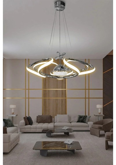 Dron Modern 4 Kol Tek Top Sarkıt Power Led Avize - 3 Renk Kumandalı - Krom Krom