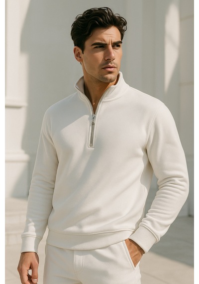 Rich Erkek Ekru Yarım Fermuarlı Sweatshirt Ekru